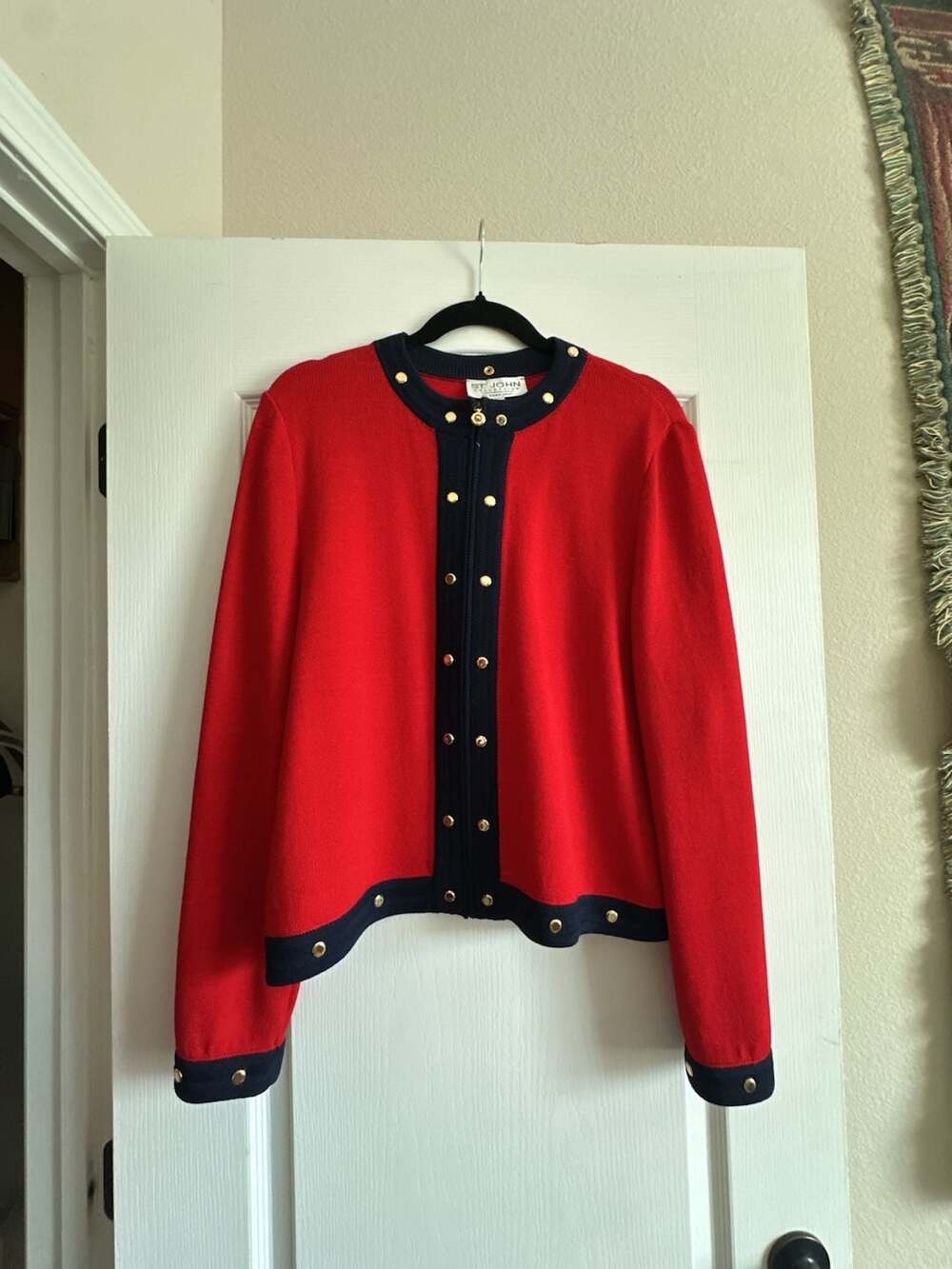 St John Collection Cardigan Size 14 Red Blue Gold Buttons